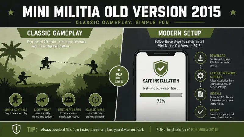 Visual guide for Mini Militia Old Version 2015 gameplay and safe installation steps.