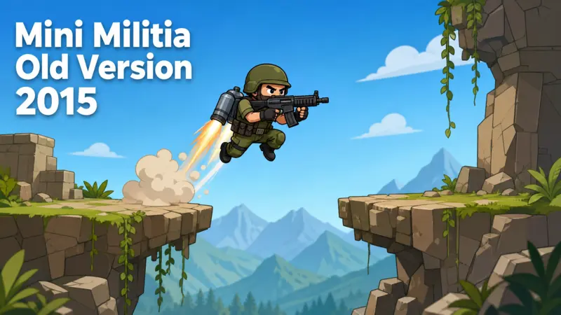 A 2D cartoon soldier with a jetpack in a canyon setting for the article Mini Militia Old Versions 2015.
