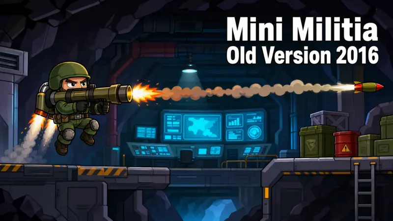 A 2D cartoon soldier with a rocket launcher in a bunker setting for the article Mini Militia Old Version 2016.