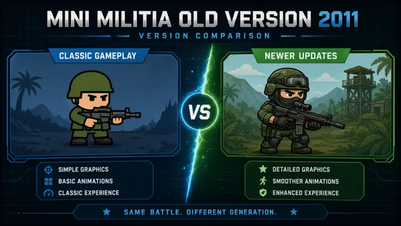 Comparison infographic between Mini Militia Old Version 2011 and newer game updates showing classic vs modern graphics.