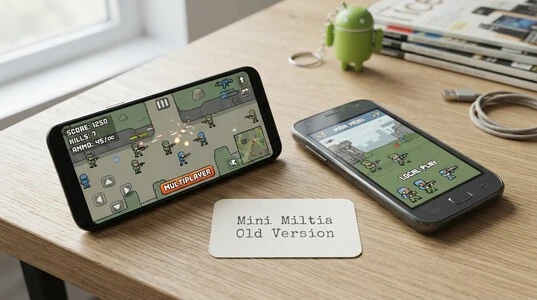 Mini Militia Old Versions displayed as a retro mobile game concept on smartphones