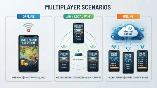 Comparison of offline, LAN and online multiplayer modes for an old mobile game